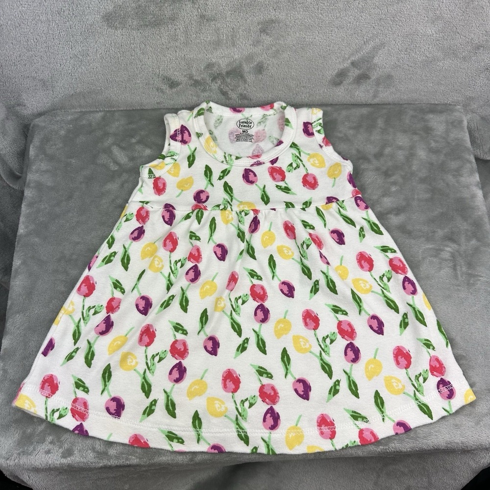 Luvable Friends Dress Girls 3-6 Months White With Floral Print Tulip 100% Cotton